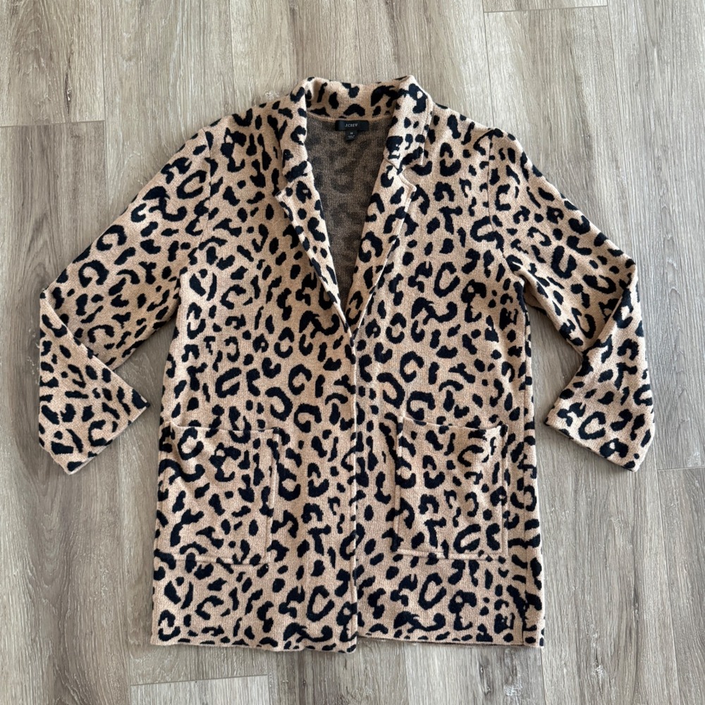 J.Crew Leopard Print Sweater Blazer Cardigan Merino Wool Blend Tan Black Medium